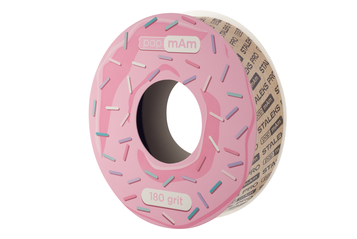 A pink donut-shaped sanding disc with colorful sprinkles, labeled "180 grit," designed to mimic a glazed sprinkled donut, ideal for manicure tools, with STALEKS PRO papMam White Disposable Abrasive Tape File EXPERT (Without Plastic Case) Atsc brand names along