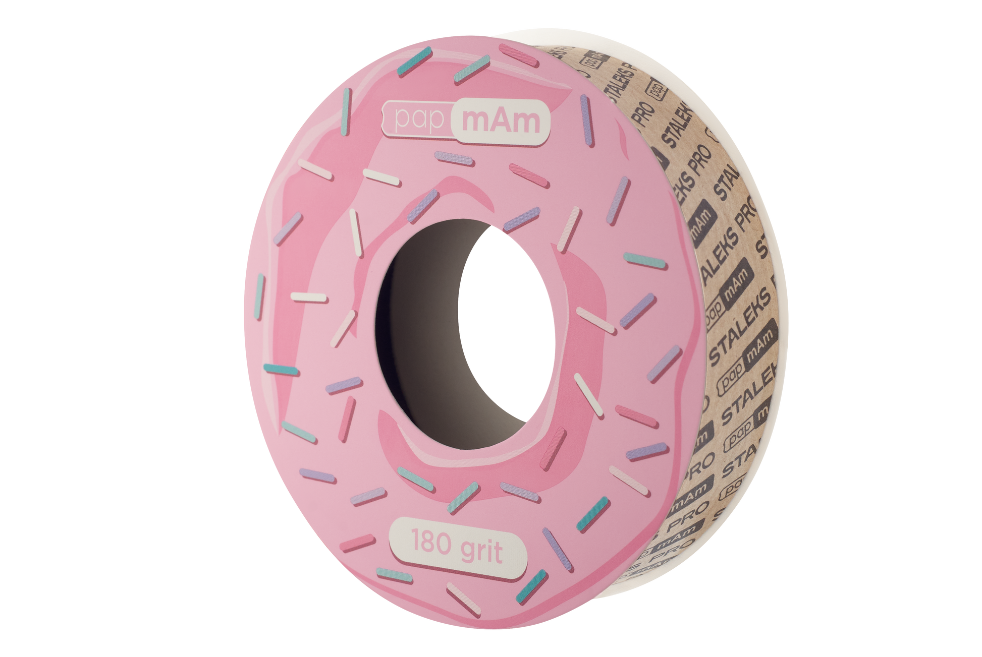 A pink donut-shaped sanding disc with colorful sprinkles, labeled "180 grit," designed to mimic a glazed sprinkled donut, ideal for manicure tools, with STALEKS PRO papMam White Disposable Abrasive Tape File EXPERT (Without Plastic Case) Atsc brand names along