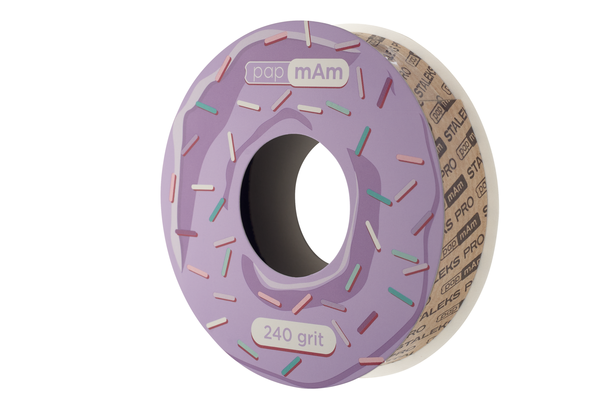 A roll of Staleks PRO papMam White Disposable Abrasive Tape File EXPERT (Without Plastic Case) Atsc sandpaper with multicolored flecks, labeled "240 grit," wrapped around a spool, against a dark background. The visible edge of the roll is marked with detailed specifications.
