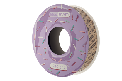 A roll of Staleks PRO papMam White Disposable Abrasive Tape File EXPERT (Without Plastic Case) Atsc sandpaper with multicolored flecks, labeled "240 grit," wrapped around a spool, against a dark background. The visible edge of the roll is marked with detailed specifications.