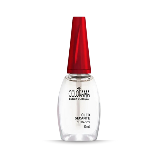 A bottle of COLORAMA Finishing Drying Oil Coat 8 ml, with its red cap, stands upright. The text highlights "Óleo Secante Cuidados," emphasizing its quick and effective nail polish drying role. Made in Brazil, this clear formula is ideal for rapid drying.