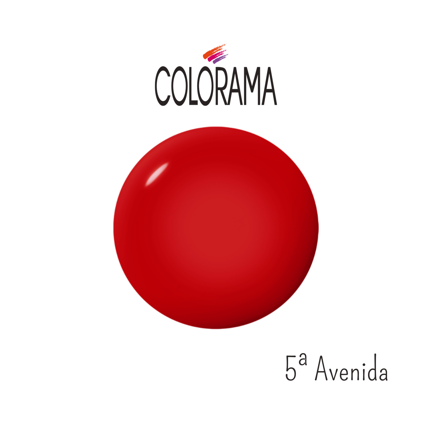 An oval, glossy swatch of creamy red nail polish is centered in the image. "Colorama" is boldly written above, while "Regular Nail Polish 5ª Avenida" promises high coverage and long-lasting wear below.