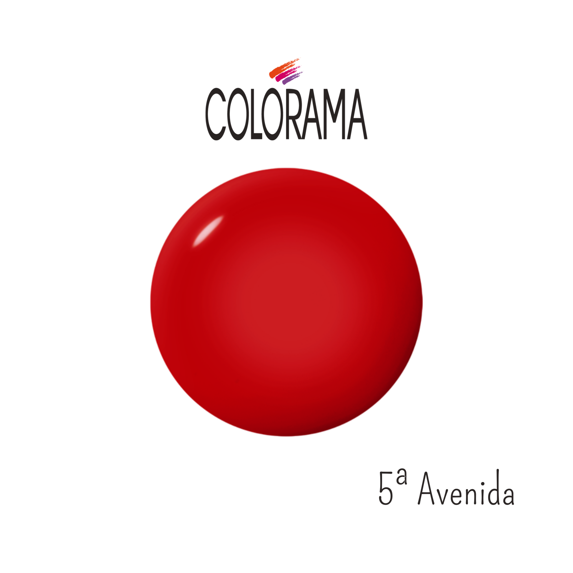 An oval, glossy swatch of creamy red nail polish is centered in the image. "Colorama" is boldly written above, while "Regular Nail Polish 5ª Avenida" promises high coverage and long-lasting wear below.
