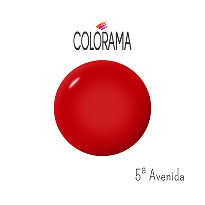 An oval, glossy swatch of creamy red nail polish is centered in the image. "Colorama" is boldly written above, while "Regular Nail Polish 5ª Avenida" promises high coverage and long-lasting wear below.