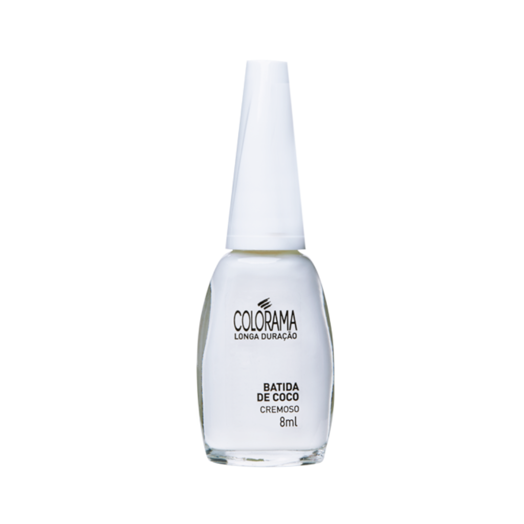 A bottle of Colorama's Regular Nail Polish in Creamy White, labeled "Batida de Coco," features a white cap and contains an 8 ml vegan 6FREE formula for long-lasting wear.