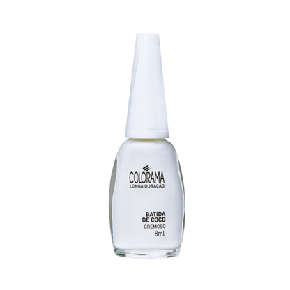 A bottle of Colorama's Regular Nail Polish in Creamy White, labeled "Batida de Coco," features a white cap and contains an 8 ml vegan 6FREE formula for long-lasting wear.