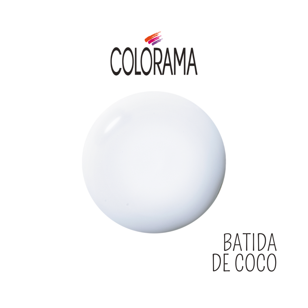 A white circle showcasing the creamy white nail polish with "Colorama Regular Nail Polish Creamy White 8 ml" written above in vibrant colors and "BATIDA DE COCO" text below. This vegan, 6FREE formula from Colorama is hypoallergenic, guaranteeing a vibrant and safe application for those with sensitive skin.
