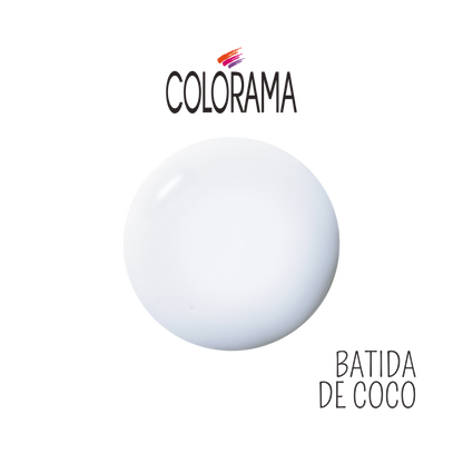 A white circle showcasing the creamy white nail polish with "Colorama Regular Nail Polish Creamy White 8 ml" written above in vibrant colors and "BATIDA DE COCO" text below. This vegan, 6FREE formula from Colorama is hypoallergenic, guaranteeing a vibrant and safe application for those with sensitive skin.