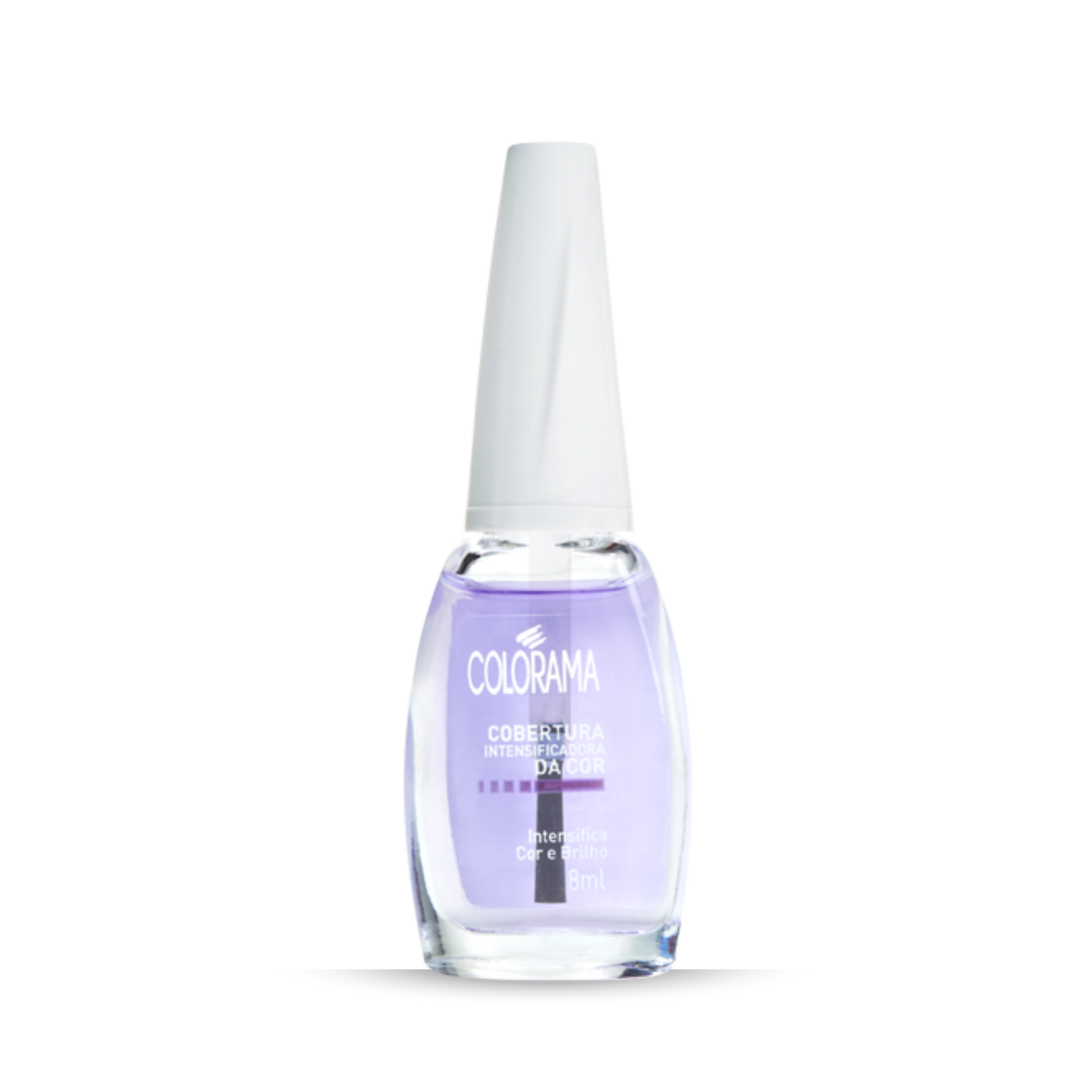 A bottle of Colorama Color Enhancing Top Coat 8 ml with a white cap. The transparent bottle reveals purple nail polish inside. The label reads "Colorama, Cobertura Intensificadora da Cor, Nutri-Complex, 8ml".