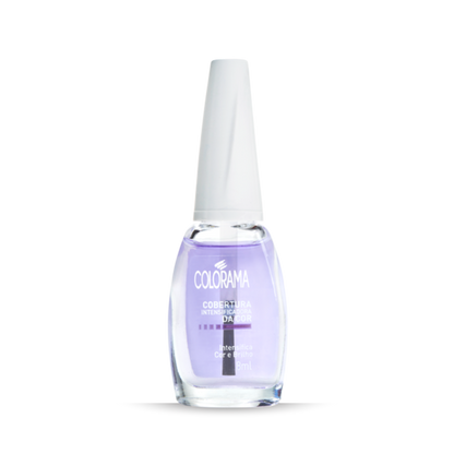 A bottle of Colorama Color Enhancing Top Coat 8 ml with a white cap. The transparent bottle reveals purple nail polish inside. The label reads "Colorama, Cobertura Intensificadora da Cor, Nutri-Complex, 8ml".
