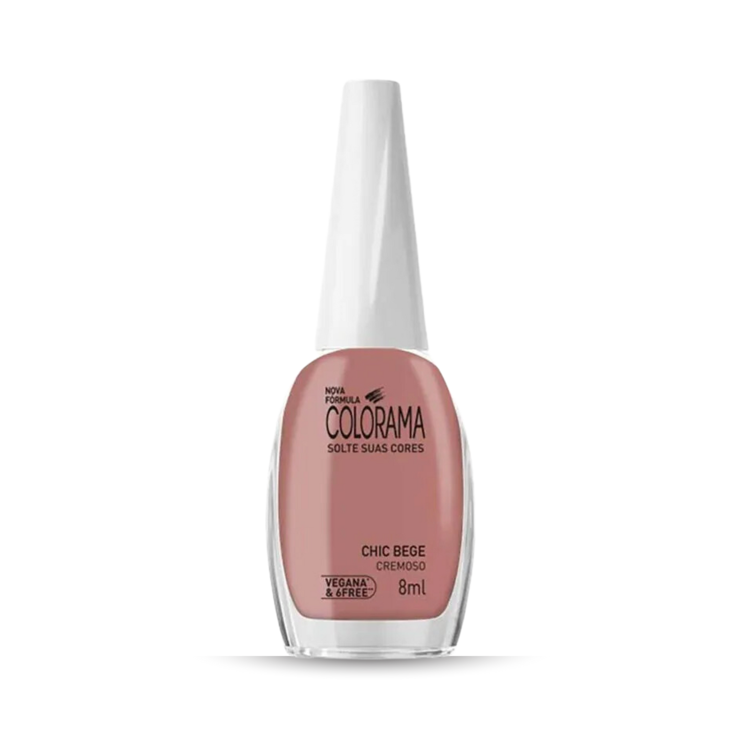 COLORAMA Regular Nail Polish in "Creamy Chic Bege" shade provides high coverage and a glossy finish. The label highlights "Vegana e Livre," and it contains 8ml for long-lasting wear, displayed against a simple white background.