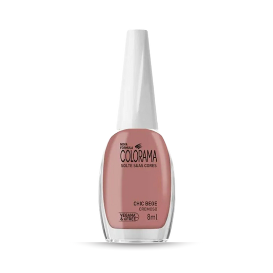 COLORAMA Regular Nail Polish in "Creamy Chic Bege" shade provides high coverage and a glossy finish. The label highlights "Vegana e Livre," and it contains 8ml for long-lasting wear, displayed against a simple white background.