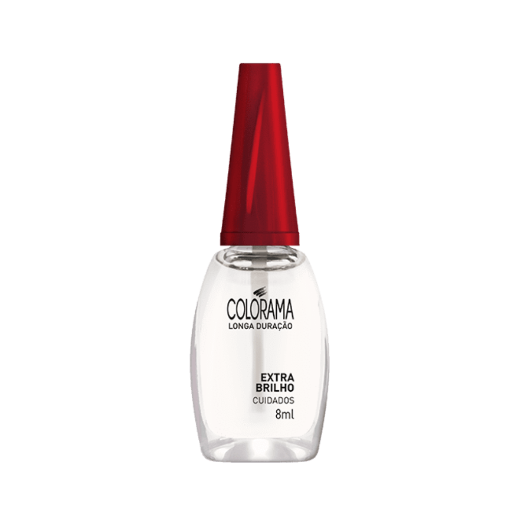 A bottle of Colorama COLORAMA Long Lasting Extra Shine Top Coat 8 ml is shown. The 8ml bottle contains clear nail polish and features a red cap, promising a professional finish with its Extra Shine Finisher formula.