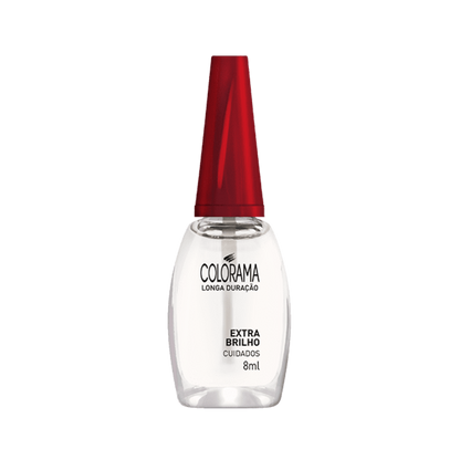 A bottle of Colorama COLORAMA Long Lasting Extra Shine Top Coat 8 ml is shown. The 8ml bottle contains clear nail polish and features a red cap, promising a professional finish with its Extra Shine Finisher formula.