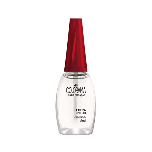 A bottle of Colorama COLORAMA Long Lasting Extra Shine Top Coat 8 ml is shown. The 8ml bottle contains clear nail polish and features a red cap, promising a professional finish with its Extra Shine Finisher formula.