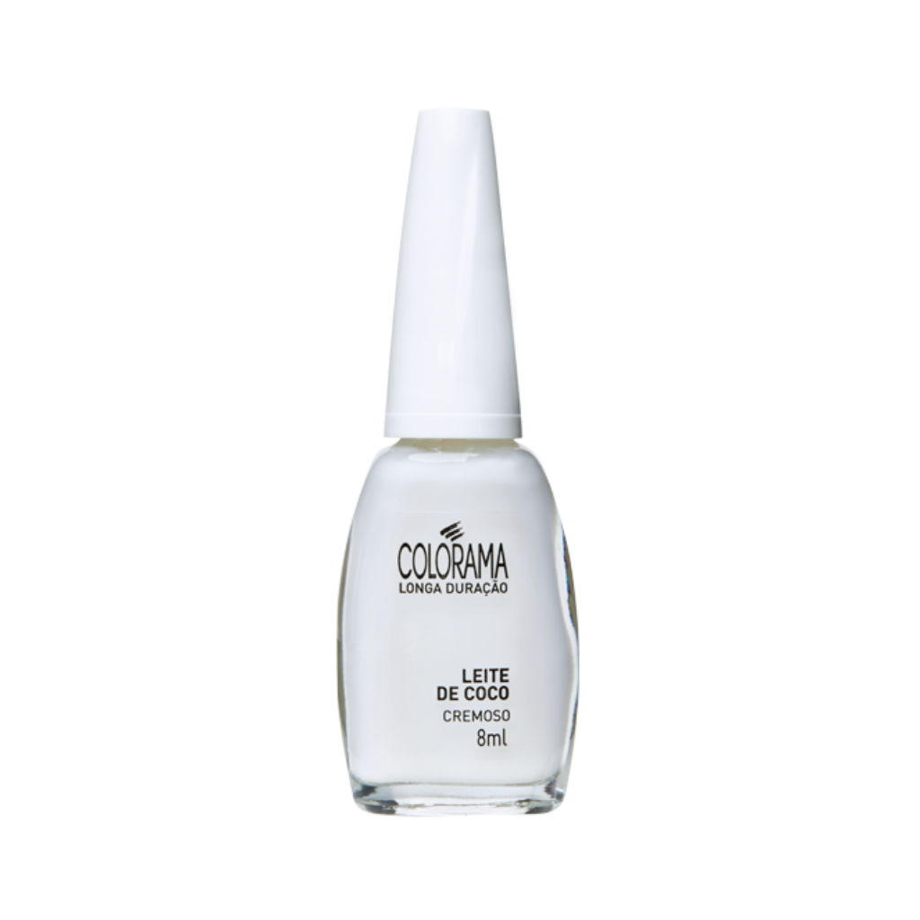 A bottle of COLORAMA Regular Nail Polish in "Creamy White" provides a creamy white shade with a vegan 6FREE formula. This hypoallergenic nail polish includes a white cap and contains 8 ml of product, all under the trusted brand name Colorama.