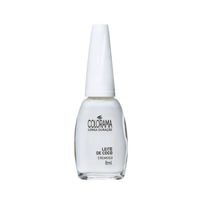 A bottle of COLORAMA Regular Nail Polish in "Creamy White" provides a creamy white shade with a vegan 6FREE formula. This hypoallergenic nail polish includes a white cap and contains 8 ml of product, all under the trusted brand name Colorama.