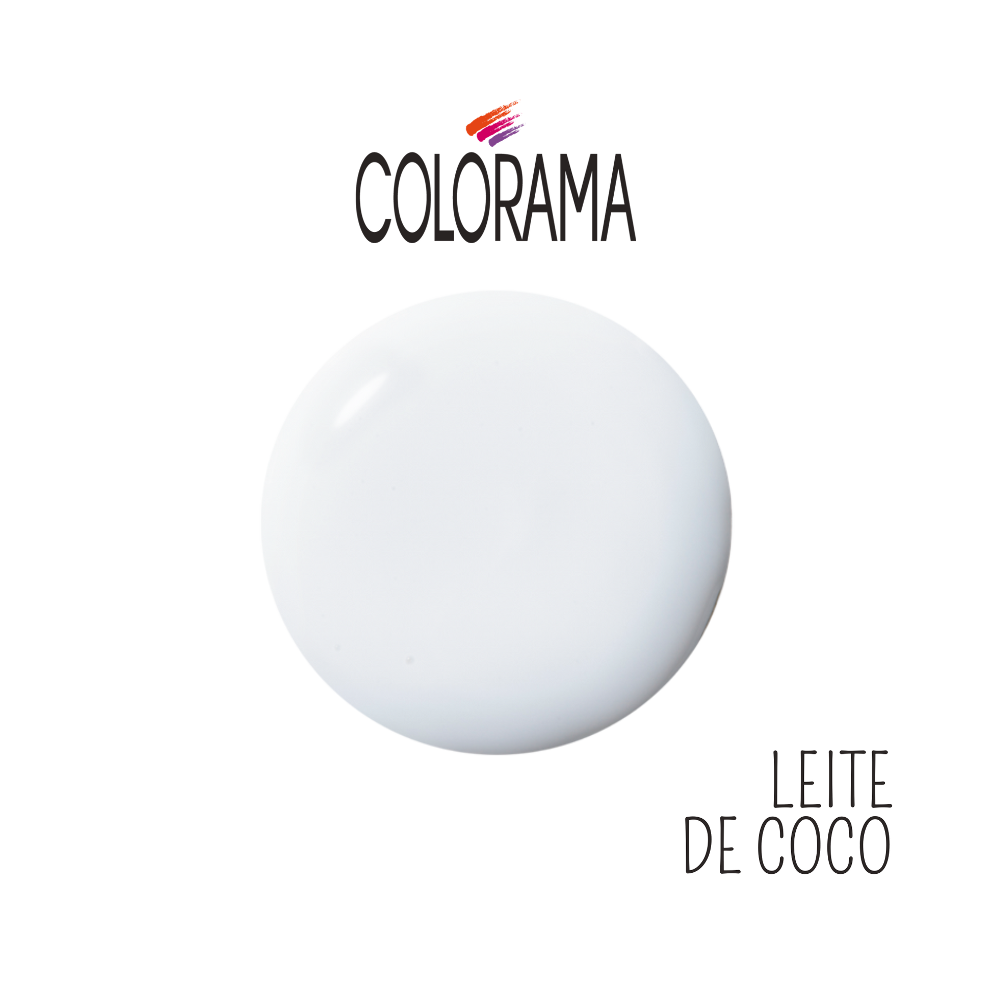 A detailed shot of a creamy white liquid drop with the label "LEITE DE COCO" under the Colorama logo captures an inviting vibe. The image highlights Colorama's vegan 6FREE formula, drawing inspiration from coconut milk for its regular nail polish in Creamy White, available in an 8 ml bottle.