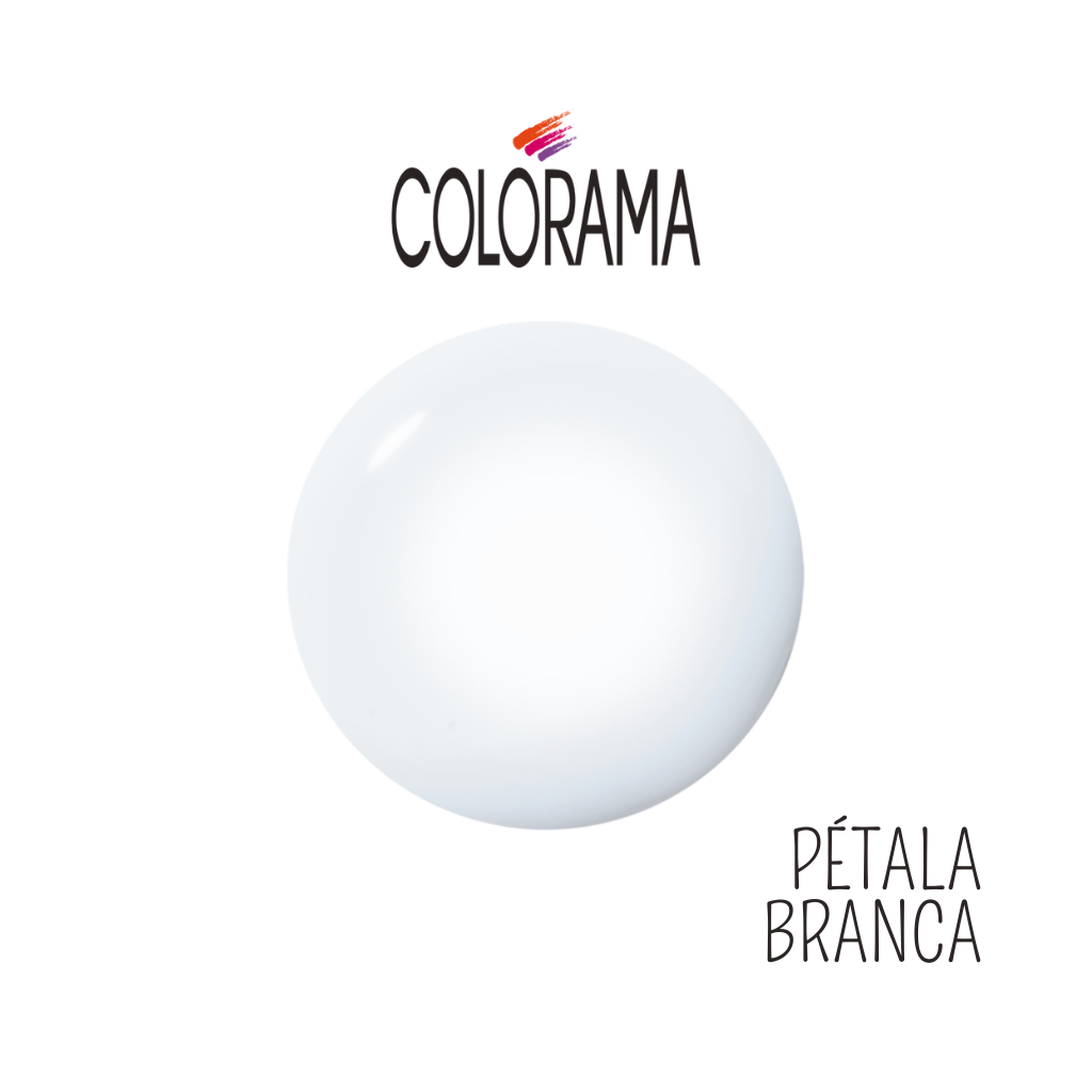 A white circular shape resembling a paint swatch is centered on a transparent background. Above, "Colorama" is written in multicolored letters, and below, "COLORAMA Regular Nail Polish Creamy White 8 ml" in black. This hypoallergenic creamy white nail polish offers long-lasting wear for a polished look that endures.