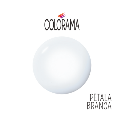 A white circular shape resembling a paint swatch is centered on a transparent background. Above, "Colorama" is written in multicolored letters, and below, "COLORAMA Regular Nail Polish Creamy White 8 ml" in black. This hypoallergenic creamy white nail polish offers long-lasting wear for a polished look that endures.