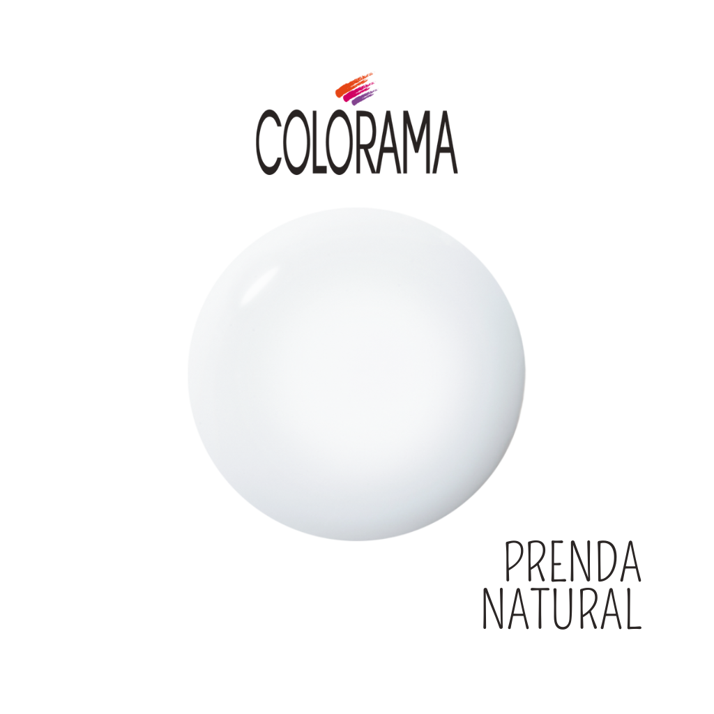 A circular glossy white product shows "Colorama" and "Prenda Natural" in stylish fonts, with a red, purple, and orange brush stroke above. This hints at the chic, vegan nail polish that's hypoallergenic: COLORAMA Regular Nail Polish Clear White 8 ml by Colorama.