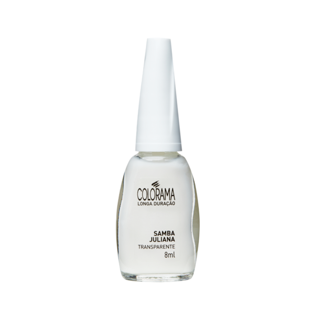 This 8 ml Colorama nail polish, labeled "COLORAMA Regular Nail Polish Clear White," offers a vegan and cruelty-free option, featuring a transparent finish with a white cap.