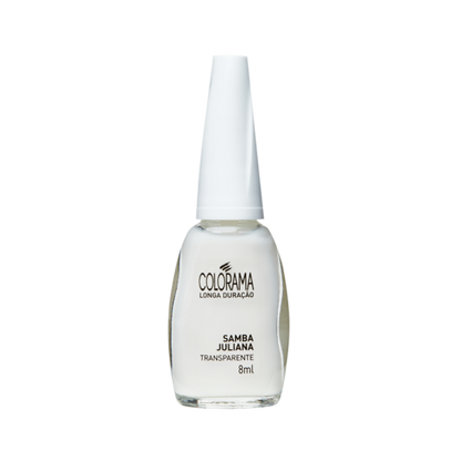This 8 ml Colorama nail polish, labeled "COLORAMA Regular Nail Polish Clear White," offers a vegan and cruelty-free option, featuring a transparent finish with a white cap.