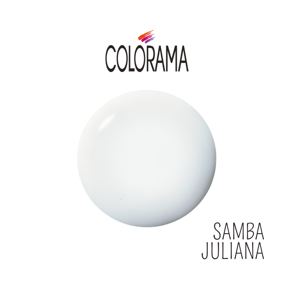 A white vegan nail polish blob with a glossy finish is displayed on a white background. The brand name "Colorama" appears above in black with a multicolored brushstroke, while "COLORAMA Regular Nail Polish Clear White 8 ml" and "Samba Juliana," highlighting its hypoallergenic quality, are below.