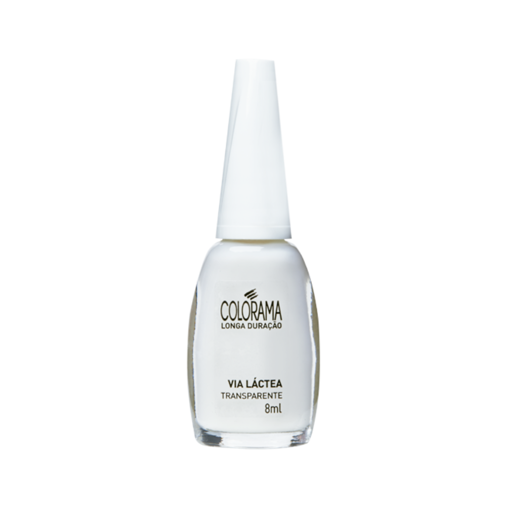 A bottle of COLORAMA Regular Nail Polish, 8 ml in "Clear White." It features a transparent bottle with a white cap displaying the Colorama brand and product name, making it a chic hypoallergenic choice.