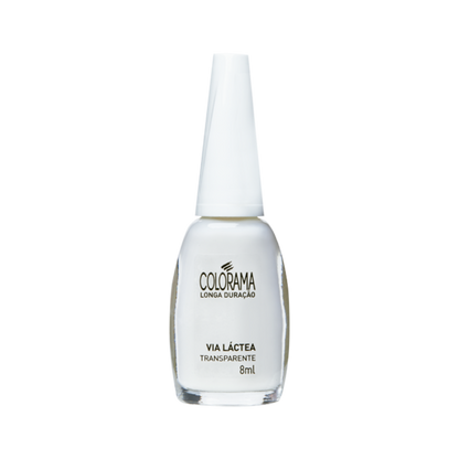 A bottle of COLORAMA Regular Nail Polish, 8 ml in "Clear White." It features a transparent bottle with a white cap displaying the Colorama brand and product name, making it a chic hypoallergenic choice.