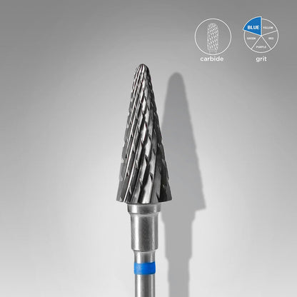The STALEKS PRO Carbide Nail Drill Bit Cone Blue EXPERT (6mm head, 14mm working part) by Staleks is a durable carbide tool with spiral grooves and a blue ring, ideal for medium hardness materials. Set against a gray background with product icons.