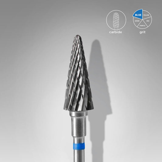 The STALEKS PRO Carbide Nail Drill Bit Cone Blue EXPERT (6mm head, 14mm working part) by Staleks is a durable carbide tool with spiral grooves and a blue ring, ideal for medium hardness materials. Set against a gray background with product icons.