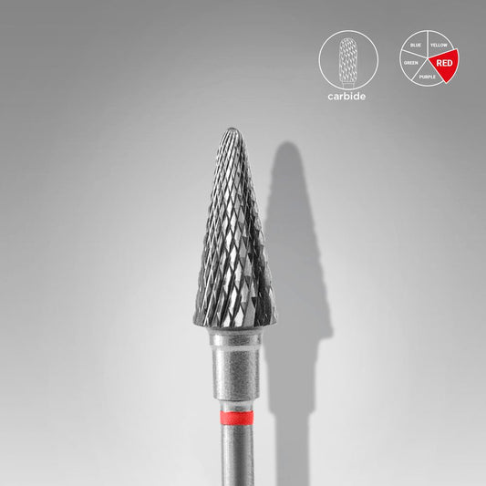 The STALEKS PRO Carbide Nail Drill Bit Cone Red EXPERT (6 mm head, 14 mm working part) by Staleks features a pointed carbide head and red band, ideal for manicures or removing artificial material—shown on a light gray background.