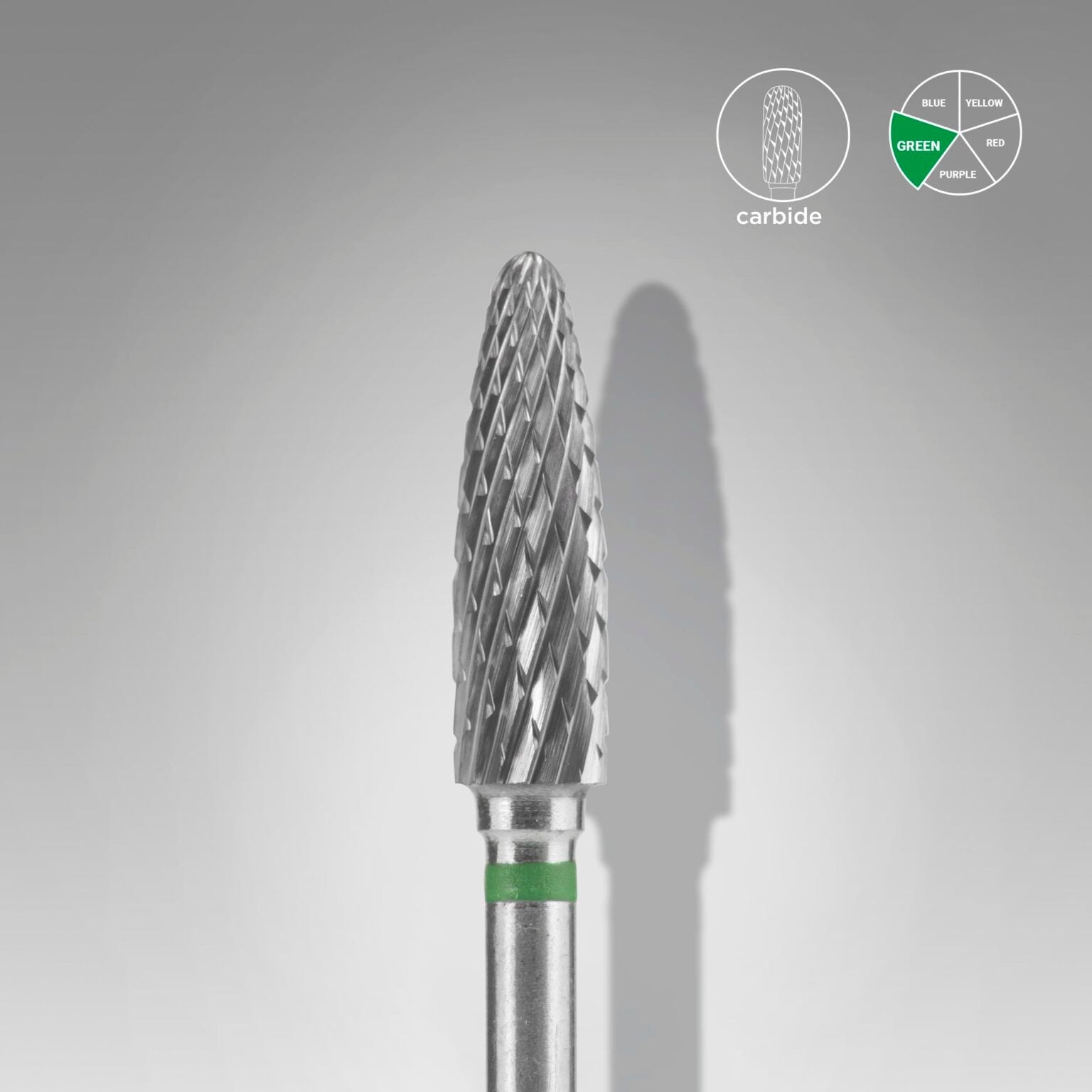 The STALEKS PRO Carbide Nail Drill Bit Corn Green (4 mm head, 14 mm working part) by Staleks has a pointed, spiral-cut tip ideal for gel polish and artificial nails removal. A diagram highlights the green color code in the top right corner.