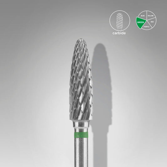 The STALEKS PRO Carbide Nail Drill Bit Corn Green (4 mm head, 14 mm working part) by Staleks has a pointed, spiral-cut tip ideal for gel polish and artificial nails removal. A diagram highlights the green color code in the top right corner.