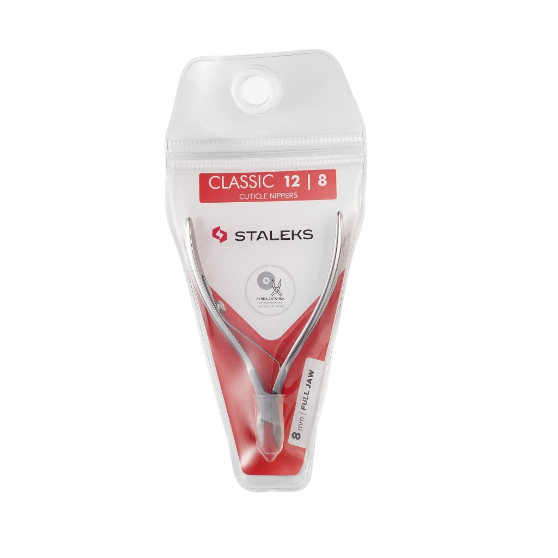 Staleks PRO Cuticle Nippers CLASSIC 12 (8 mm), made of stainless steel and packed in clear plastic with red and white labeling, are ideal for precise manicure and pedicure care.
