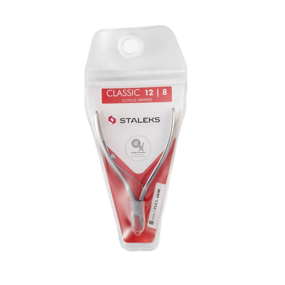 Staleks PRO Cuticle Nippers CLASSIC 12 (8 mm), made of stainless steel and packed in clear plastic with red and white labeling, are ideal for precise manicure and pedicure care.