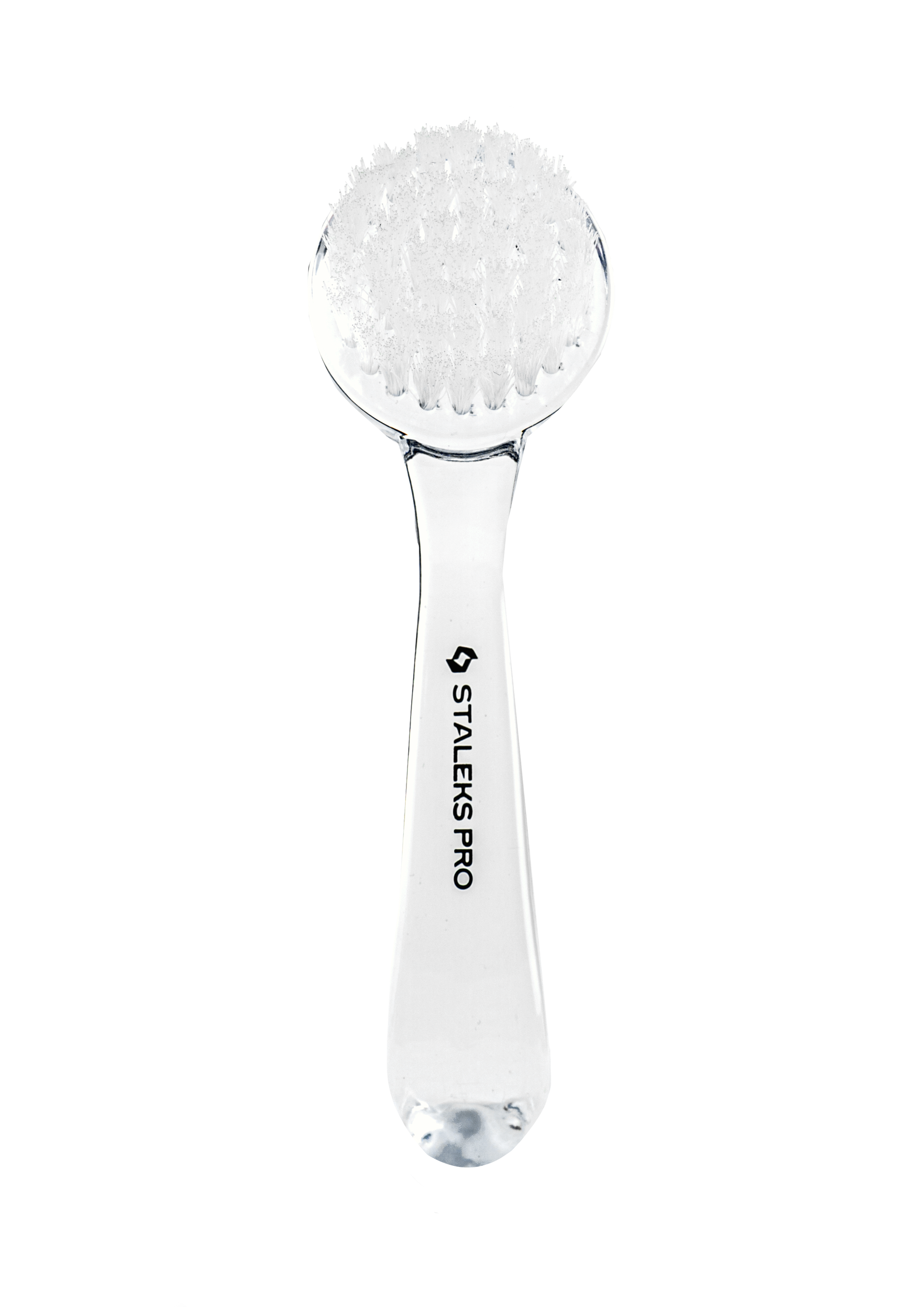 The STALEKS PRO Manicure Brush EXPERT 01 for Dust Removal features a clear handle, dense synthetic bristles, a protective cover, and "Staleks" branding on the handle, displayed against a black background.