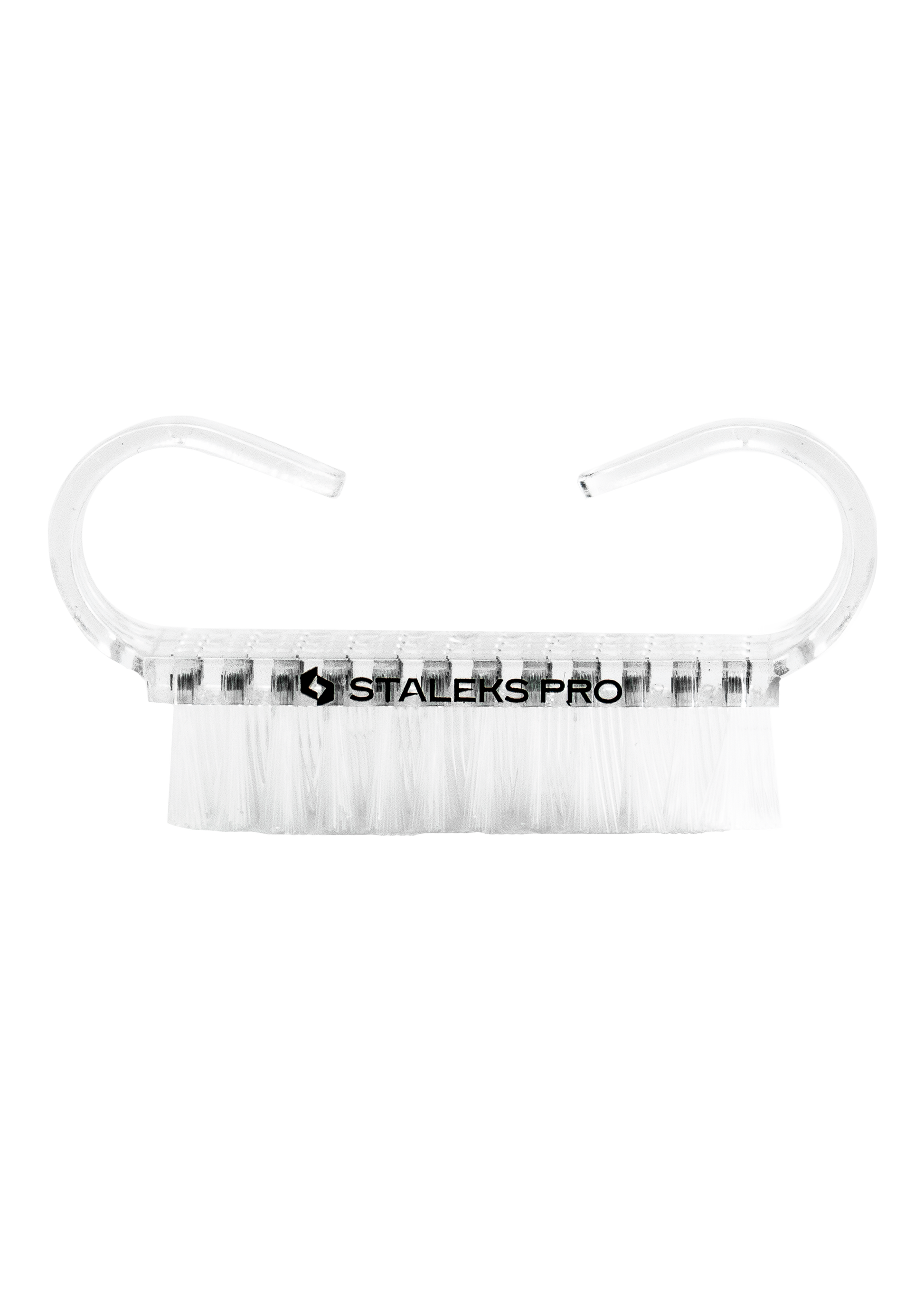 The STALEKS PRO Manicure Brush EXPERT 02 for dust removal features durable transparent plastic, white synthetic bristles, and two curved handles. "STALEKS PRO" is printed on top. Set includes 10 brushes.