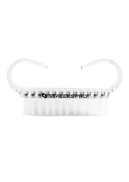 The STALEKS PRO Manicure Brush EXPERT 02 for dust removal features durable transparent plastic, white synthetic bristles, and two curved handles. "STALEKS PRO" is printed on top. Set includes 10 brushes.