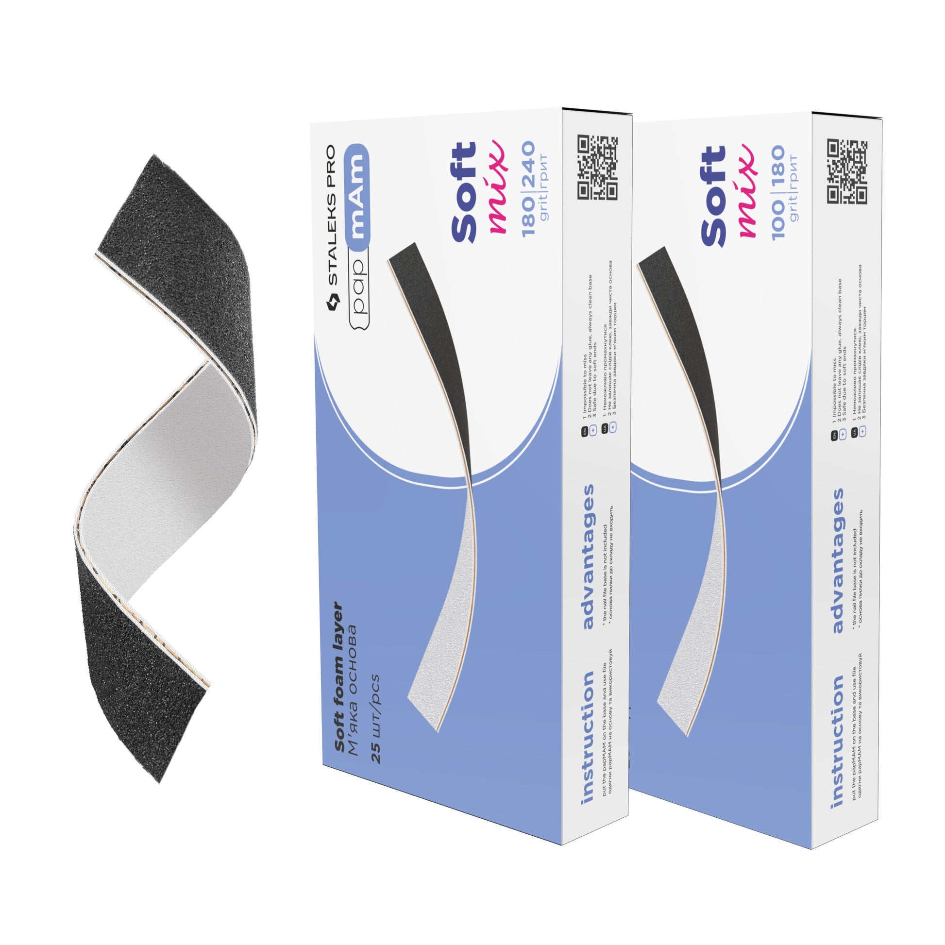 Two boxes of STALEKS PRO Disposable double-sided files papmAm on a soft base Mix Expert 20 (25 pcs) by Staleks show curved black and white nail files with a soft foam layer, 100/180 grit, for manicure/pedicure, and replaceable file design.