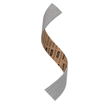 A twisted STALEKS PRO Disposable papmAm file for the Smart 22 straight nail file (50 pcs), featuring a gray textured outside and tan inside with black logos, floats against a white background—perfect for manicure and pedicure routines.