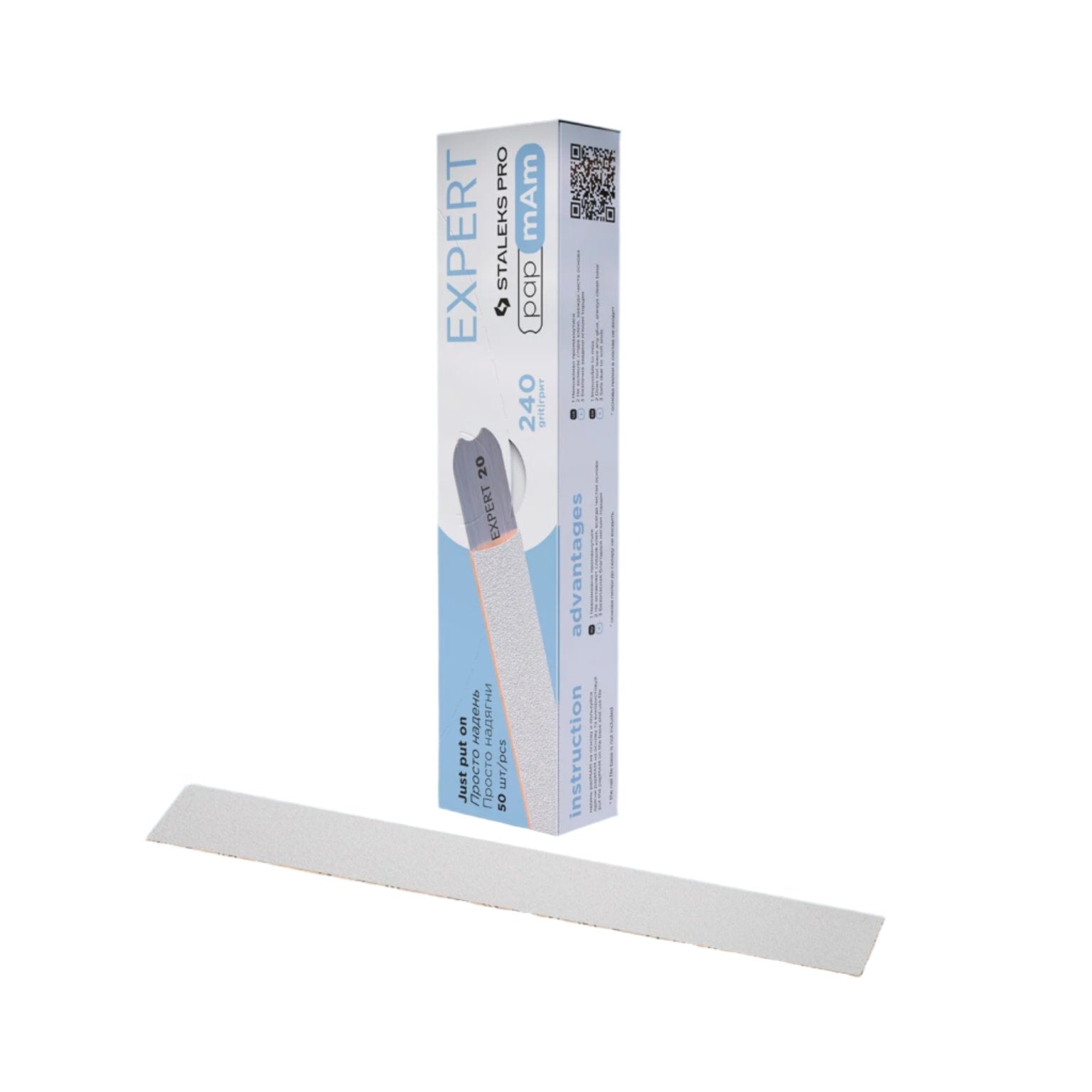 A white rectangular STALEKS PRO Disposable PapmAm file for Expert 22 stands upright beside its blue and white Staleks packaging labeled "240 grit." This 50-pack features replaceable files with disposable abrasives, ideal for artificial nails.