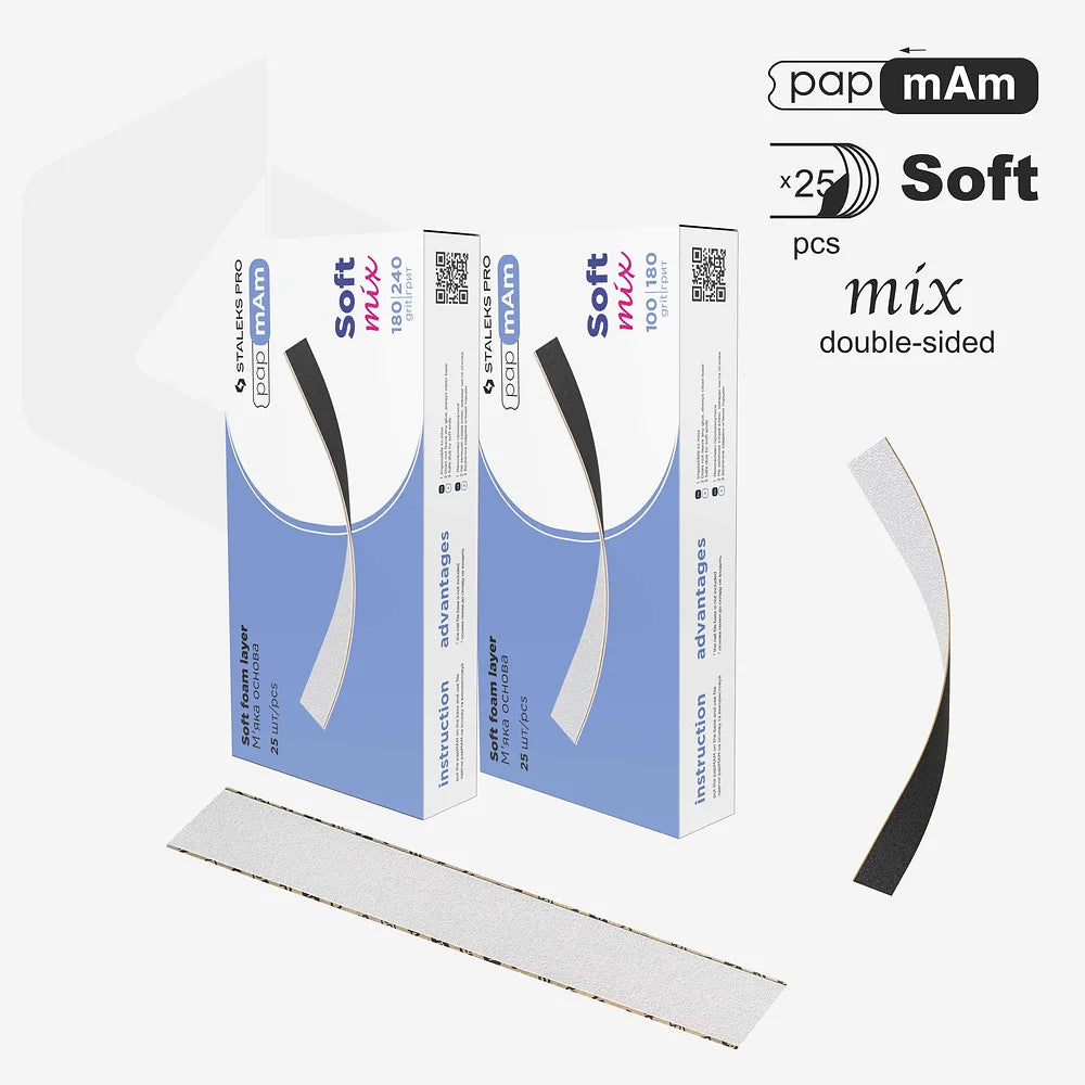 Two boxes of Staleks STALEKS PRO Disposable double-sided files papmAm on a soft base Mix Expert 20 (25 pcs) are shown, highlighting "Soft mix" disposable abrasives with black and white sides. Clean background—perfect for manicures and pedicures.
