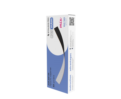 A box of Staleks STALEKS PRO Disposable double-sided files papmAm on a soft base Mix Expert 20 (25 pcs) features blue, white, and gray design details—ideal for manicures and pedicures using disposable abrasives. Instructions are printed on the side.
