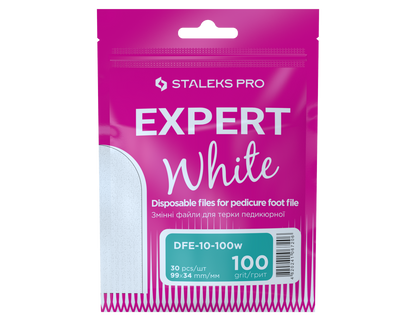 A pink and white package labeled "STALEKS PRO Refill Pads for Pedicure Foot File Expert 10" by Staleks contains 30 disposable 100 grit pads (99×34 mm), with English and Ukrainian text.