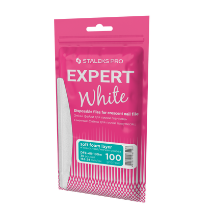 The Staleks PRO EXPERT 40 Disposable White Files (30 pcs) are for crescent nail files, feature a soft foam layer and 100 grit abrasive, and come in bilingual packaging with English and Russian specifications.