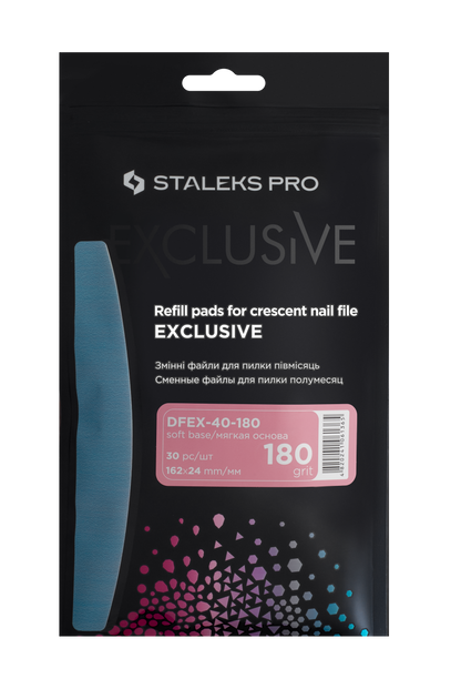 A black packaging of Staleks Pro Exclusive Disposable files for crescent nail file (soft base) 30 pcs EXCLUSIVE 40 with text and details in white and pink, displaying the file's silicon carbide abrasive grit number and size. Colorful triangle graphics accent the lower