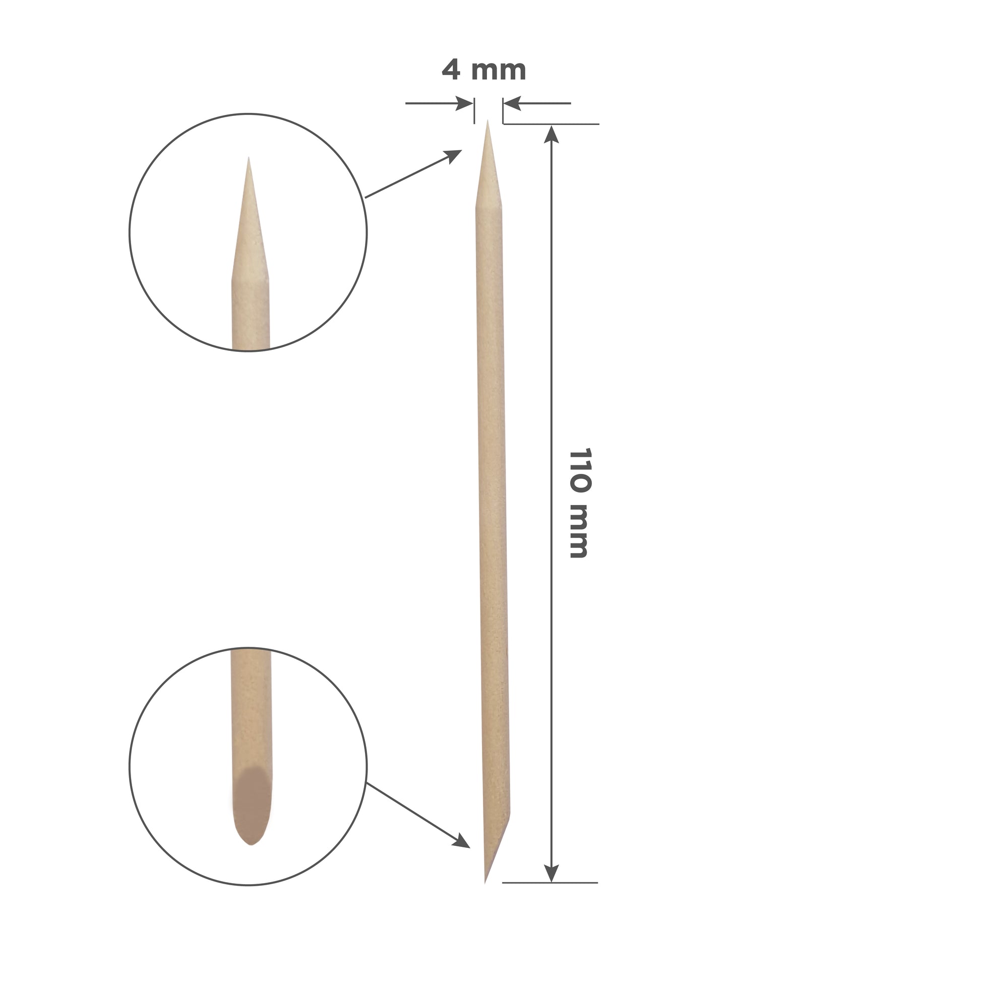 Illustration of a Staleks PRO Orange stick for manicure wooden 110 mm (100 pcs), side and zoomed-in views shown. It has a pointed end and a flat end, with dimensions 4 mm wide and 110 mm long annotated.