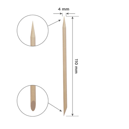 Illustration of a Staleks PRO Orange stick for manicure wooden 110 mm (100 pcs), side and zoomed-in views shown. It has a pointed end and a flat end, with dimensions 4 mm wide and 110 mm long annotated.